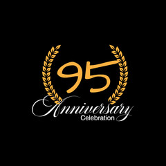 95 years old luxurious logo. Anniversary vector gold colored template framed of palms. Greetings ages celebrates. Celebrating laurel branches