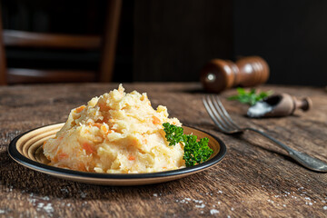 Mashed parsnips with potatoes and carrots on a dark wooden background close-up. Delicious and healthy vegetarian food rich in vitamins and minerals.
