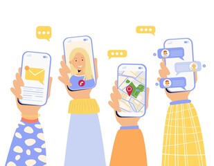 Set of male and female hands holding mobile phones with chat, message notification, gps navigation app, video call with avatar. Communication and technology concept. Vector illustration in flat style