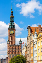 Gothic and Renaissance Old Town City Hall - Ratusz Glownego Miasta - at Long Market Dlugi Rynek main boulevard in old town city center of Gdansk, Poland