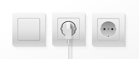 Realistic Detailed 3d Switch and Plugs inserted in Electrical Outlet Set. Vector