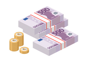 Isometric stacks of 500 euro banknotes. Pile paper money and coins. Five hundred bills. European currency notes. Vector illustration.