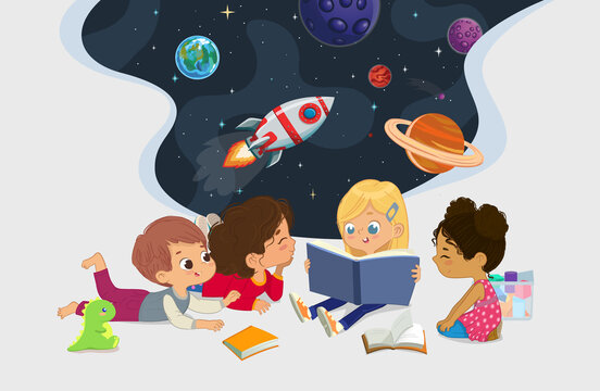 Illustration of multiracial kids sit in a circle on the floor and read the astronomy book. Imaging space, rockers stars, galaxy, and planets. Reading and exploring concept.