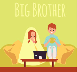 Card design for big brother with cute boy and girl flat vector illustration.