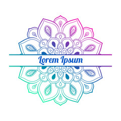 Colorful gradient floral card with blank space in the middle. Invitation template with decorative mandala. Lotus flower card, poster, flyer. Vector illustration.