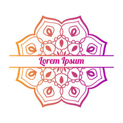 Colorful gradient floral card with blank space in the middle. Invitation template with decorative mandala. Lotus flower card, poster, flyer. Vector illustration.