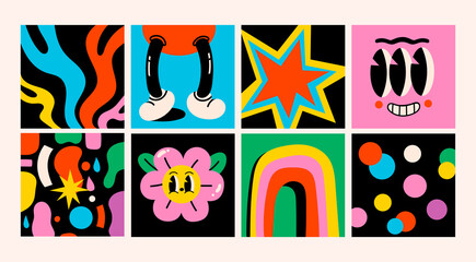 Hand drawn Abstract shapes, funny cute Comic characters. Set of eight Different colored Vector illustartions. Cartoon style. Flat design. All elements are isolated. Square Patterns, Posters, Template 