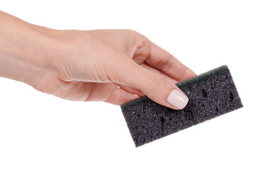 Hand with Black sponge for daily cleaning and washing up. Isolated on white background.