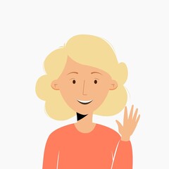 Fototapeta premium Avatar portrait of cute blonde girl waving a hand. Vector illustration in flat style