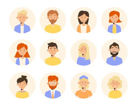 Set of avatars of young people in front view. Vector illustration in flat style.
