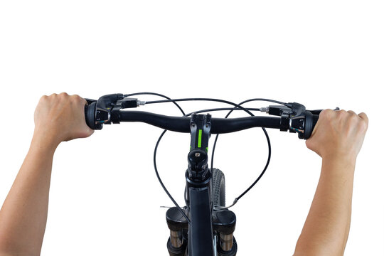 A hands holding steering wheel of a bicycle isolated on a white background