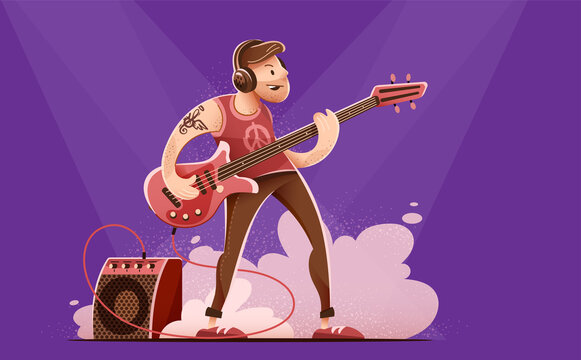 Rock Guitar player man in headphones, playing rock music with bass guitar on concert stage. Sound amplifier speaker in smoke. Character isolated on dark background. Illustration.