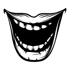 Open mouth with teeth and plump lips. Snide smiling mouth with jaw drop. Vector illustration in vintage hand drawing black and white monochrome ink retro style for stamp, tattoo, t-shirt print design