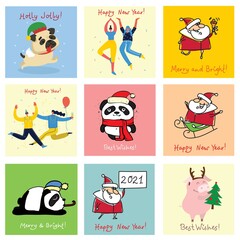 Fototapeta premium Vector illustration of christmas cats, pigs, rats and dogs with Christmas and new year greetings.