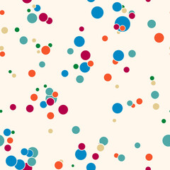 Abstract seamless pattern with colorful chaotic small circles. Infinity dotted messy geometric pattern. Random polka dot. Vector illustration.