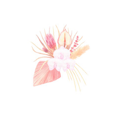 Watercolor bohemian flower bouquet isolated on white background. Boho dried flowers, tropical leaves, pampas grass composition for wedding invitation, greeting cards. 