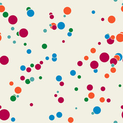 Abstract seamless pattern with colorful chaotic small circles. Infinity dotted messy geometric pattern. Random polka dot. Vector illustration.