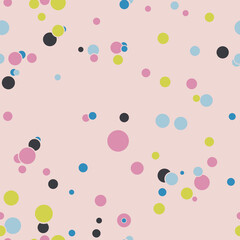 Abstract seamless pattern with colorful chaotic small circles. Infinity dotted messy geometric pattern. Random polka dot. Vector illustration.