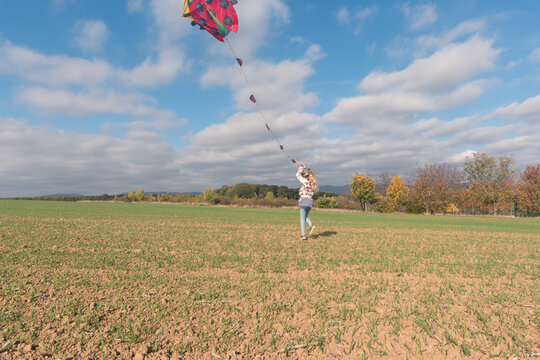 little child playing with colorful kite in rural countryside