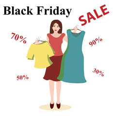 Black friday vector illustration. Sales woman offers discount clothes on sale. Boutique Sale.