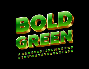 Vector Bold Green and Gold Alphabet Letters and Numbers. Elite 3D Font