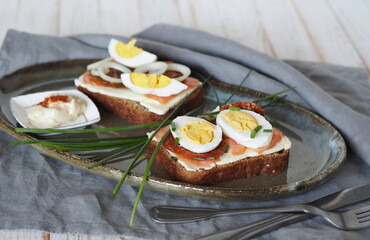 Open sandwiches with dark rye bread with salmon, cheese, eggs and green onions.Healthy natural food. View from above.