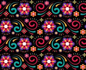 Abstract flower mexican pattern for textile design. Seamless floral vector background. Retro funky graphic. Fashion print.