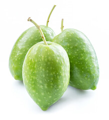 Three green natural olives isolated on a white background.