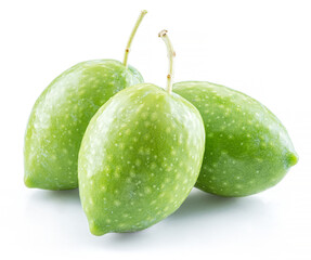 Three green natural olives isolated on a white background.