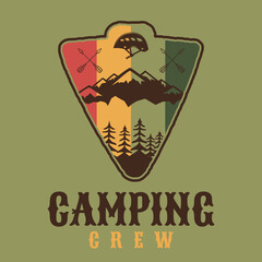 Camping crew logo, retro camping adventure emblem design with mountains and trees. Unusual vintage art retro style sticker. Stock vector patch