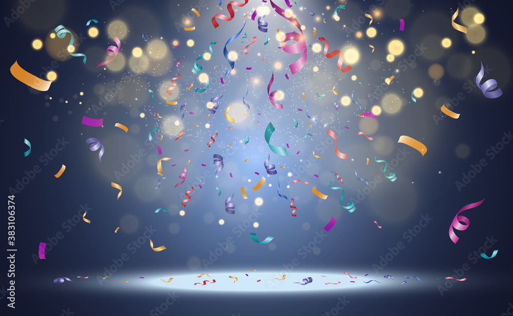 Poster Lots of colorful tiny confetti and ribbons on transparent background. Festive event and party. Multicolor background.Colorful bright confetti isolated on transparent background