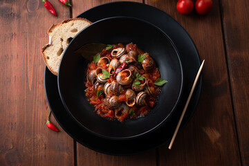 Piatto di lumache al sugo piccante, tipica cucina rustica Italiana 