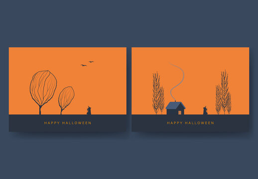 2 Halloween Cards Witch and Countryside Illustrations