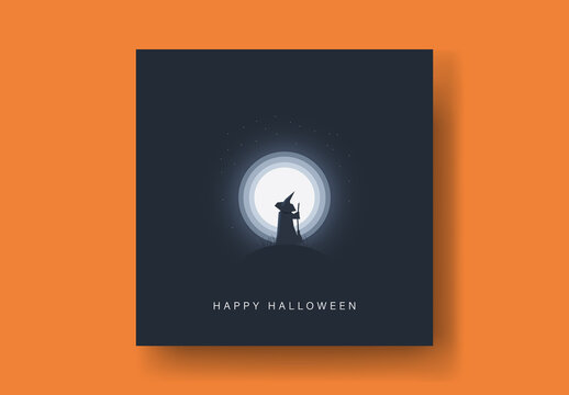 Halloween Card with Witch in Moonlight Illustration