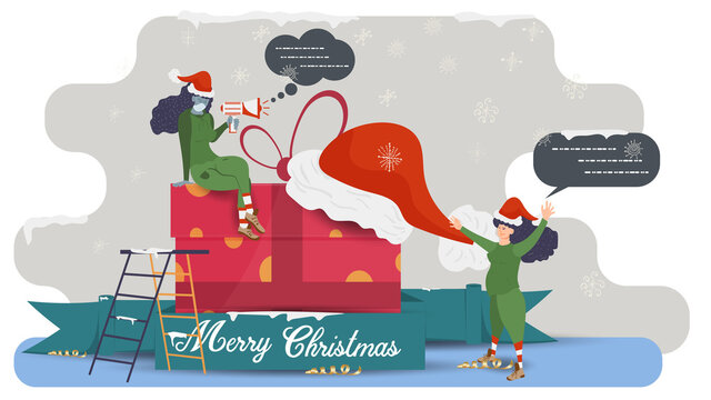 flat vector illustration for Christmas and new year design little people in elf helper costumes are happy about a big gift