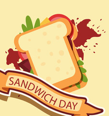 vector poster design for national sandwich day. image of a delicious sandwich with vegetables and cheese. lettering 