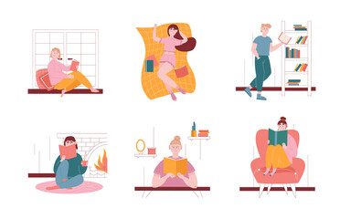 Man and woman characters reading books at home and in library. Vector illustration set of people read book. Students studying and preparing for exam