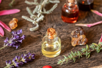 Fototapeta na wymiar A bottle of essential oil with frankincense, thyme, lavender, echinacea and other plants