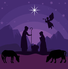 Naklejka premium merry christmas nativity mary joseph baby and cows design, winter season and decoration theme Vector illustration