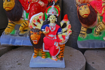 
Idols of Hindu Goddess Durga for Navratri festival in India. The nine-days festival, which commemorates the slaying of the demon king Mahishasur by goddess Durga, marks the triumph of good over evil.