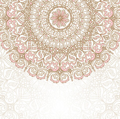 Greeting card or invitation with round ornamental lace mandala in pastel shades. Oriental Asian Indian ornate square banner with empty place for text