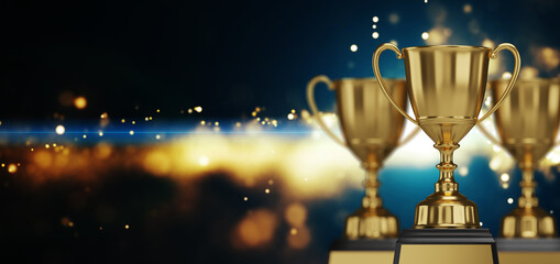 Fototapeta close up golden trophy award with falling confetti. copy space for text. 3d rendering. obraz