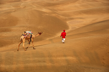 Man with camel walking across sand dunes in Jaisalmer, Rajasthan, India.