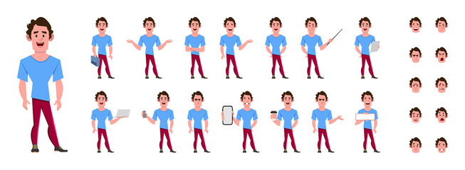 Casual cartoon man character set. Character set in different poses or gestures