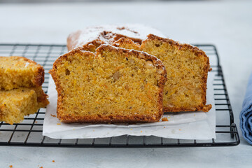 Pumpkin bread cake with pumpkin spice and nuts for autumn fall dinner.