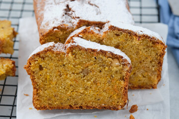 Pumpkin bread cake with pumpkin spice and nuts for autumn fall dinner.
