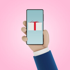 Gift box on the smartphone screen. Online store, online Christmas gifts. 3D illustration in cartoon style.