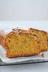 Pumpkin bread cake with pumpkin spice and nuts for autumn fall dinner.