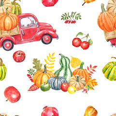 Watercolor pumpkin truck seamless pattern. Red pickup car with harvesting - orange, yellow pumpkins, seasonal fruits and veggies on white background. Fall print. Thanksgiving themed design.