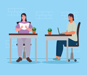 women with laptop and reading at desks design of Activity and leisure theme Vector illustration